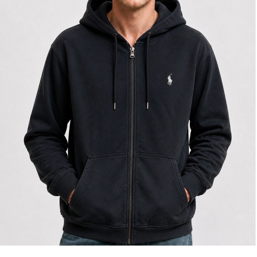 Polo Ralph Lauren Mens Full Zip Hoodie Black White Pony Logo Size M